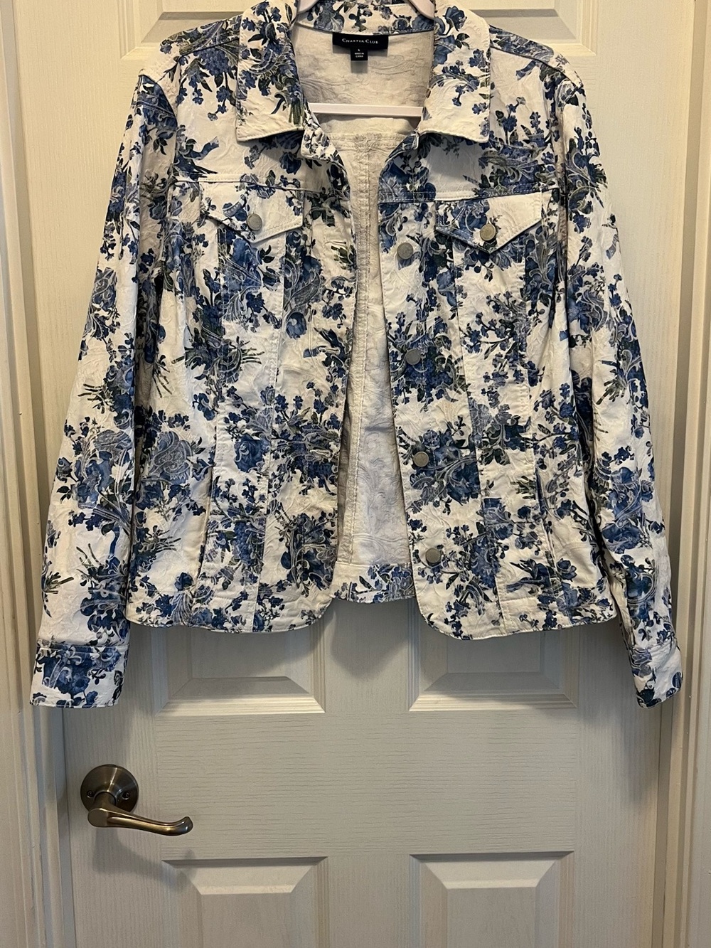 Charter Club White Denim Jacket with Blue Floral Print